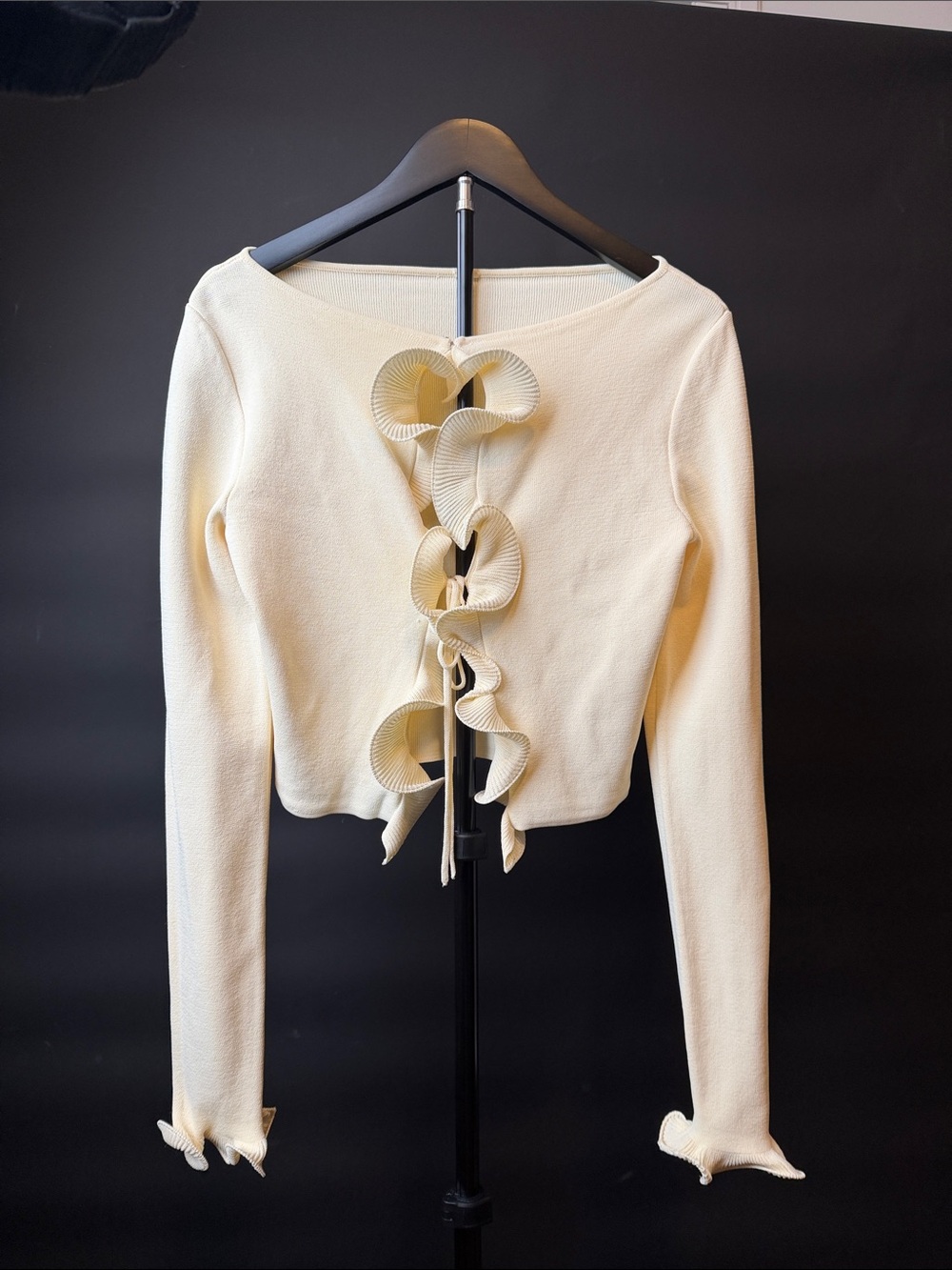 Ivory Ruffle-Front Knit Long Sleeve Top